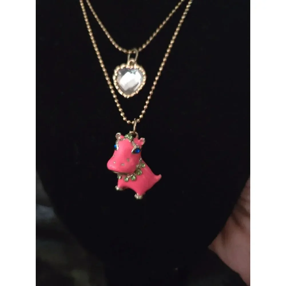 Vintage Pink Enamel hippo Betsey Johnson necklace/earrings set